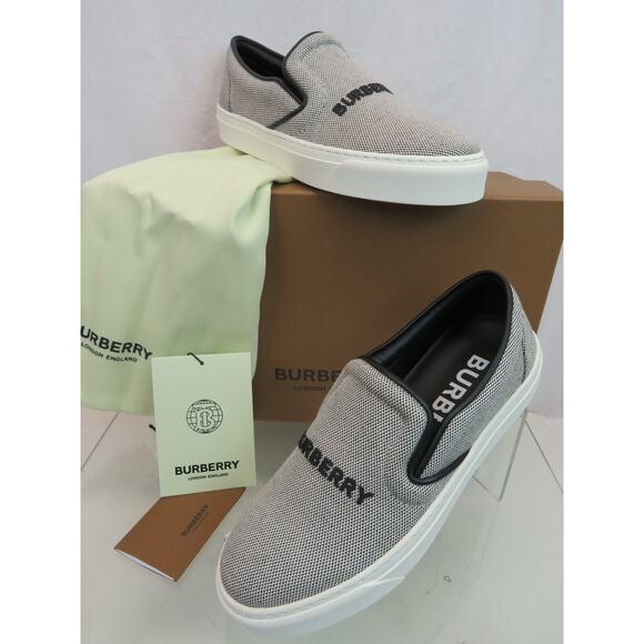 BURBERRY THOMPSON GRAY FABRIC BLACK LEATHER TRIM LOGO SLIP ON SNEAKERS 40 10 - Picture 1 of 12